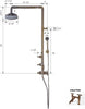 Shower system with dimensions and actual finish shown on a white background